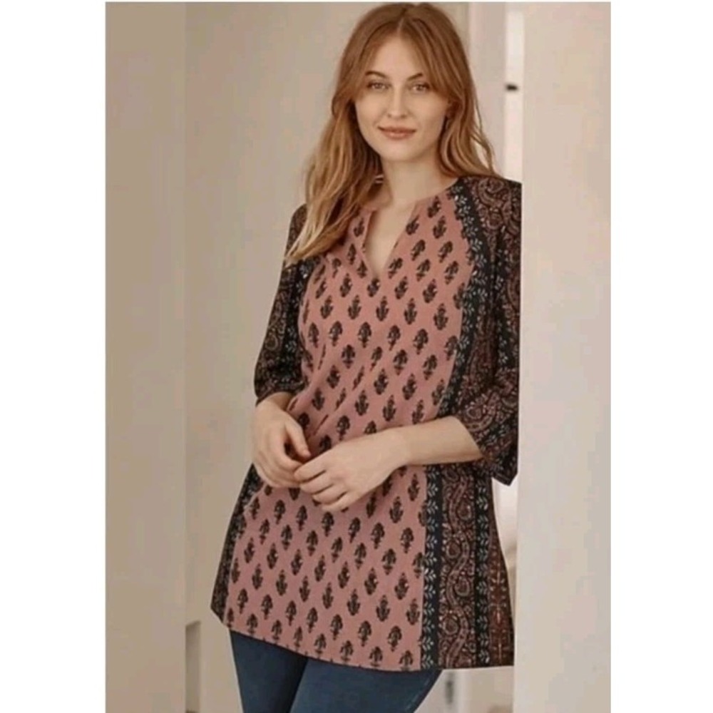 J Jill Pure Jill Folkloric Stamped Tunic Top Linen Blend Boho‎ Women Large Pink